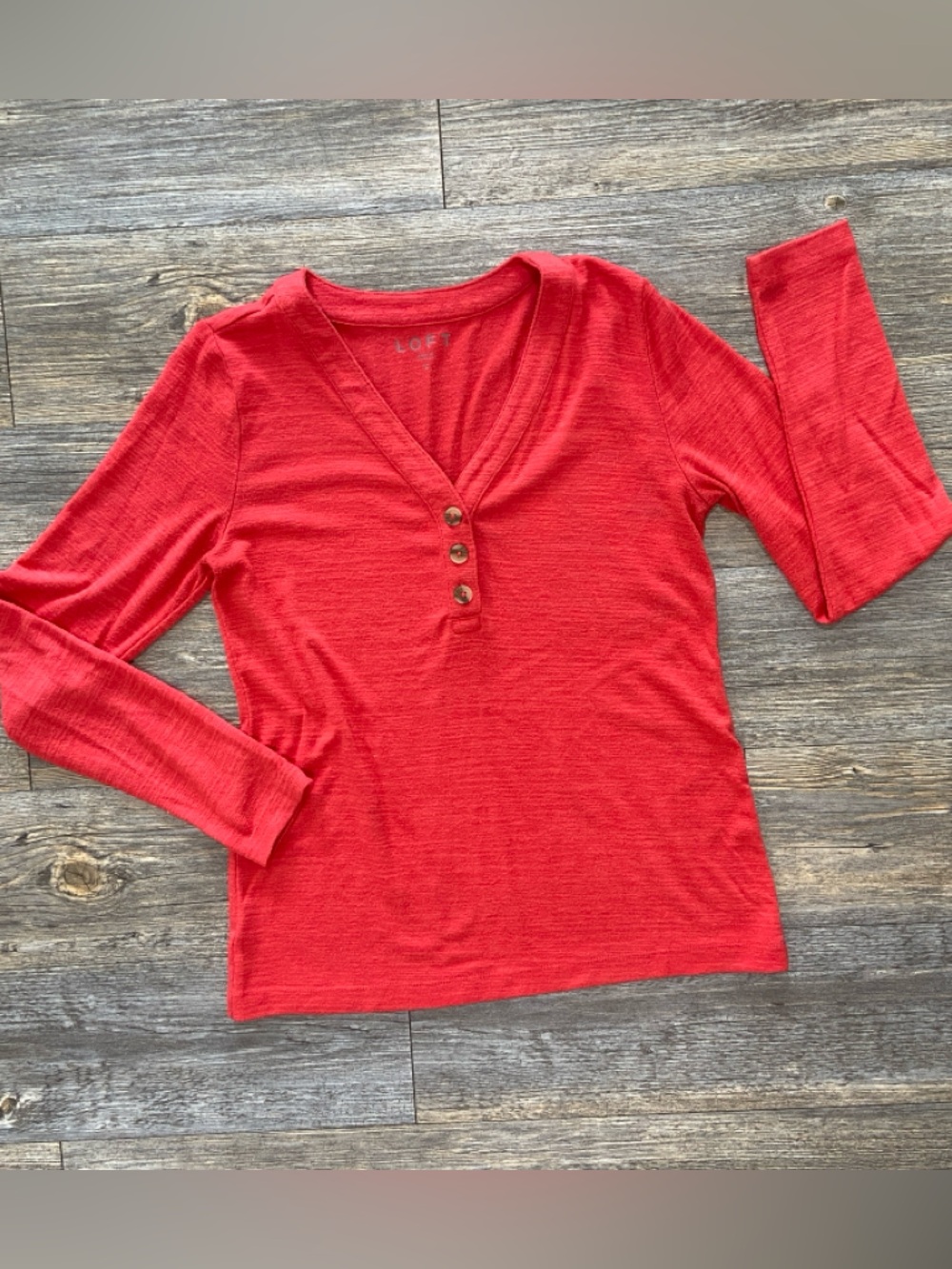 LOFT Small Red V-Neck Long-Sleeve Henley Top Super Soft 3 Button Detail